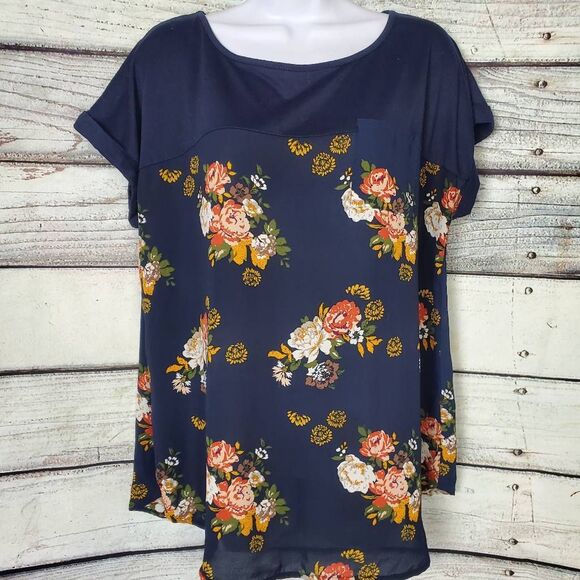 Mason & Belle Women’s Blouse XL Navy Blue Floral Print Short Sleeve Top - Picture 3 of 7